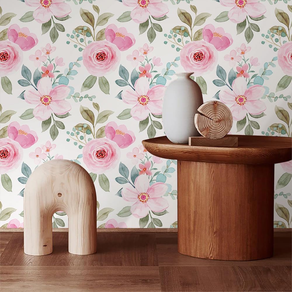 Pink Rose Florals Green Leaf Plant Peel and Stick Wallpaper Self Adhesive Removable Easy Peel Off Stick on Wall Paper for Bedroom Cabinet Renter