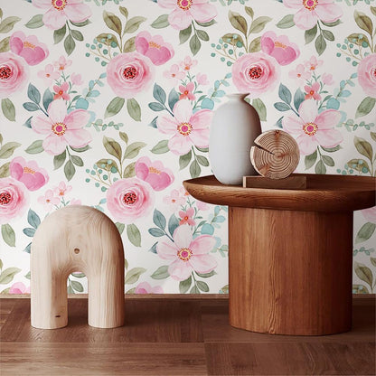 Pink Rose Florals Green Leaf Plant Peel and Stick Wallpaper Self Adhesive Removable Easy Peel Off Stick on Wall Paper for Bedroom Cabinet Renter
