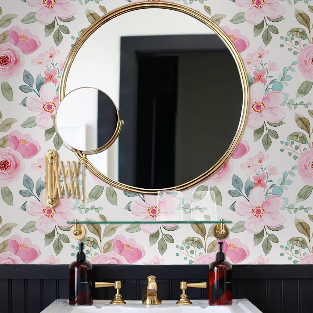 Pink Rose Florals Green Leaf Plant Peel and Stick Wallpaper Self Adhesive Removable Easy Peel Off Stick on Wall Paper for Bedroom Cabinet Renter