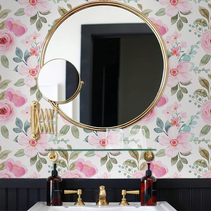 Pink Rose Florals Green Leaf Plant Peel and Stick Wallpaper Self Adhesive Removable Easy Peel Off Stick on Wall Paper for Bedroom Cabinet Renter