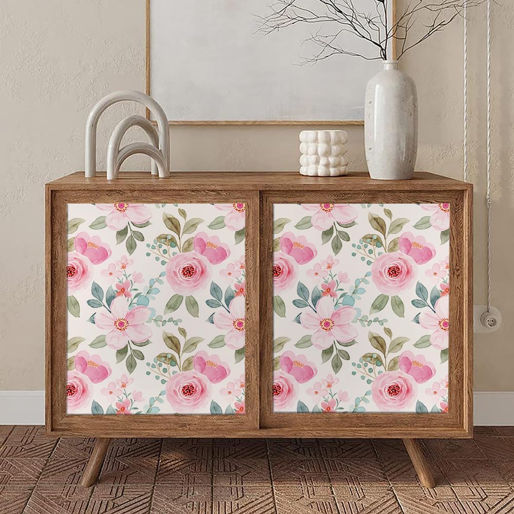 Pink Rose Florals Green Leaf Plant Peel and Stick Wallpaper Self Adhesive Removable Easy Peel Off Stick on Wall Paper for Bedroom Cabinet Renter