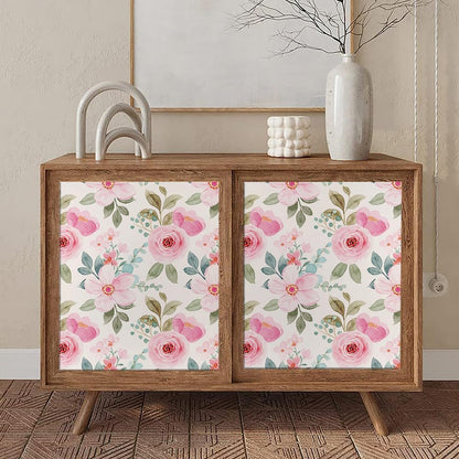 Pink Rose Florals Green Leaf Plant Peel and Stick Wallpaper Self Adhesive Removable Easy Peel Off Stick on Wall Paper for Bedroom Cabinet Renter