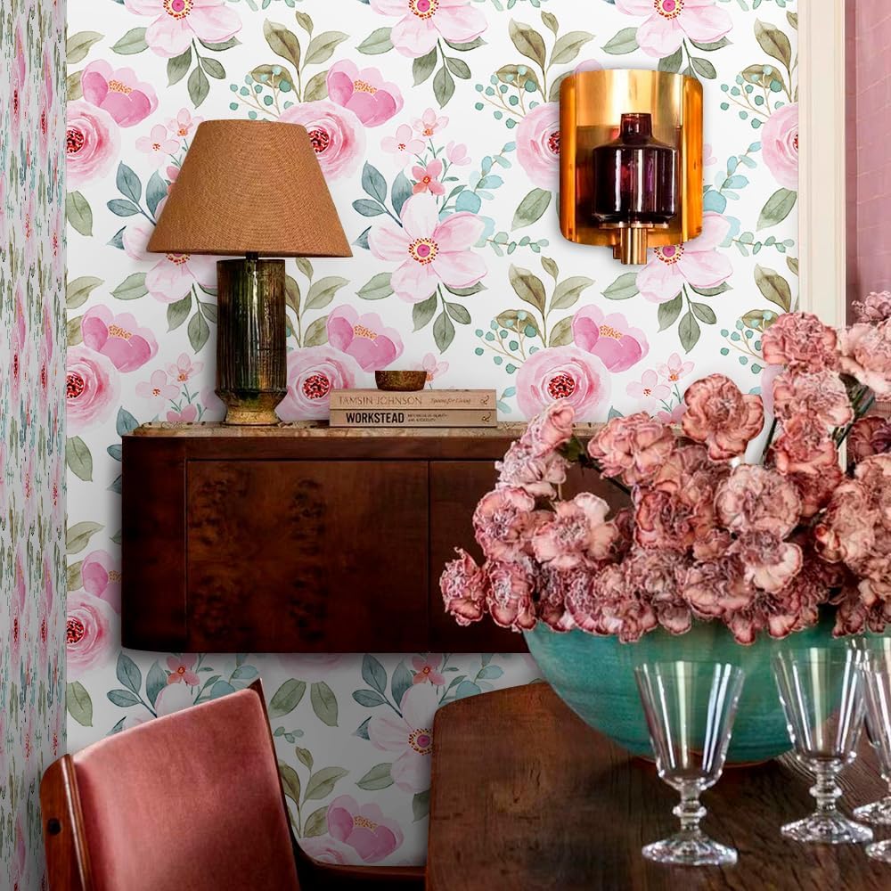 Pink Rose Florals Green Leaf Plant Peel and Stick Wallpaper Self Adhesive Removable Easy Peel Off Stick on Wall Paper for Bedroom Cabinet Renter