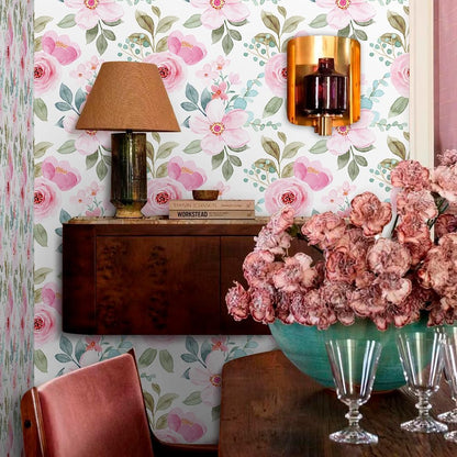 Pink Rose Florals Green Leaf Plant Peel and Stick Wallpaper Self Adhesive Removable Easy Peel Off Stick on Wall Paper for Bedroom Cabinet Renter