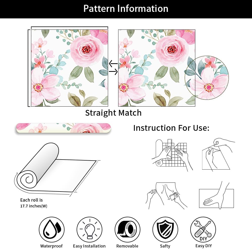 Pink Rose Florals Green Leaf Plant Peel and Stick Wallpaper Self Adhesive Removable Easy Peel Off Stick on Wall Paper for Bedroom Cabinet Renter