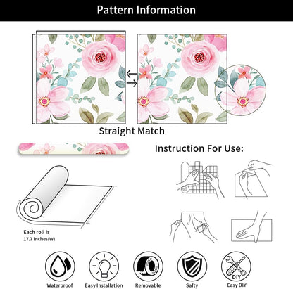 Pink Rose Florals Green Leaf Plant Peel and Stick Wallpaper Self Adhesive Removable Easy Peel Off Stick on Wall Paper for Bedroom Cabinet Renter