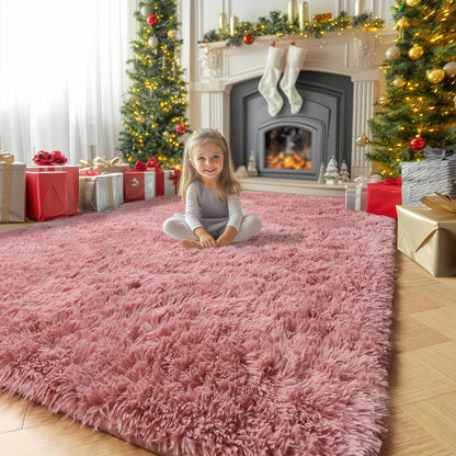 Blush Pink Furry Shag Area Rug 4x6 for Girls Bedroom Baby Nursery