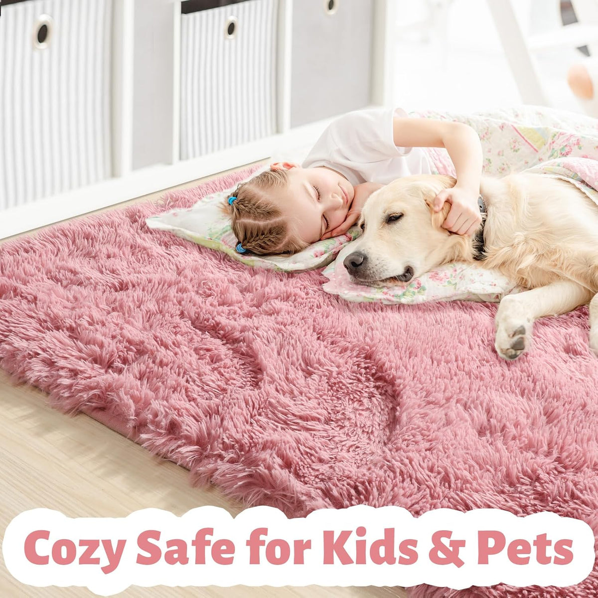 Blush Pink Furry Shag Area Rug 4x6 for Girls Bedroom Baby Nursery