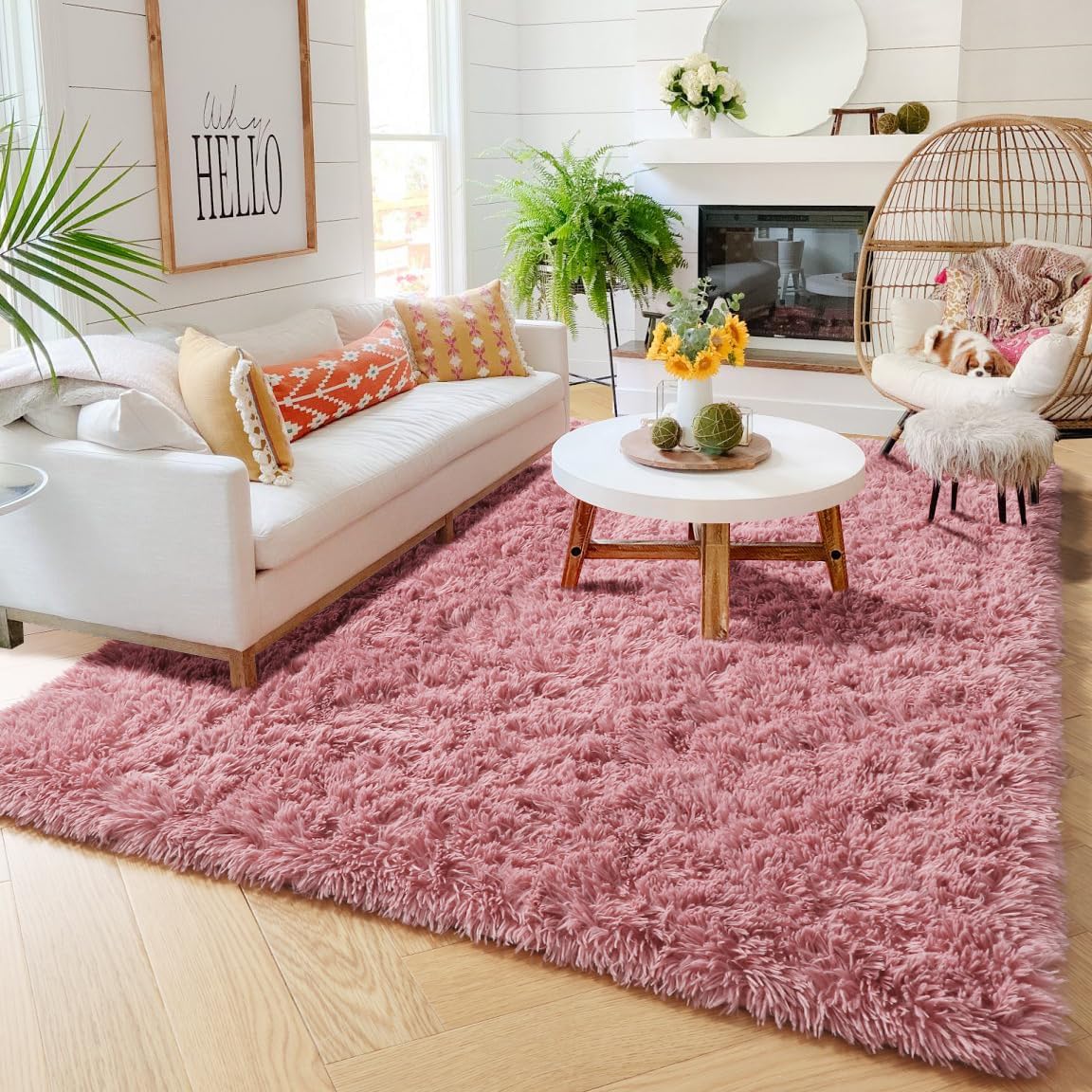Blush Pink Furry Shag Area Rug 4x6 for Girls Bedroom Baby Nursery
