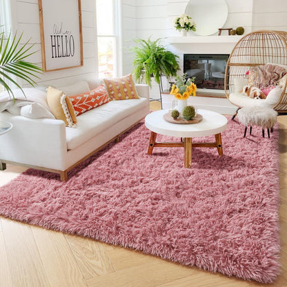 Blush Pink Furry Shag Area Rug 4x6 for Girls Bedroom Baby Nursery