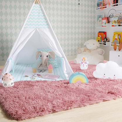 Blush Pink Furry Shag Area Rug 4x6 for Girls Bedroom Baby Nursery