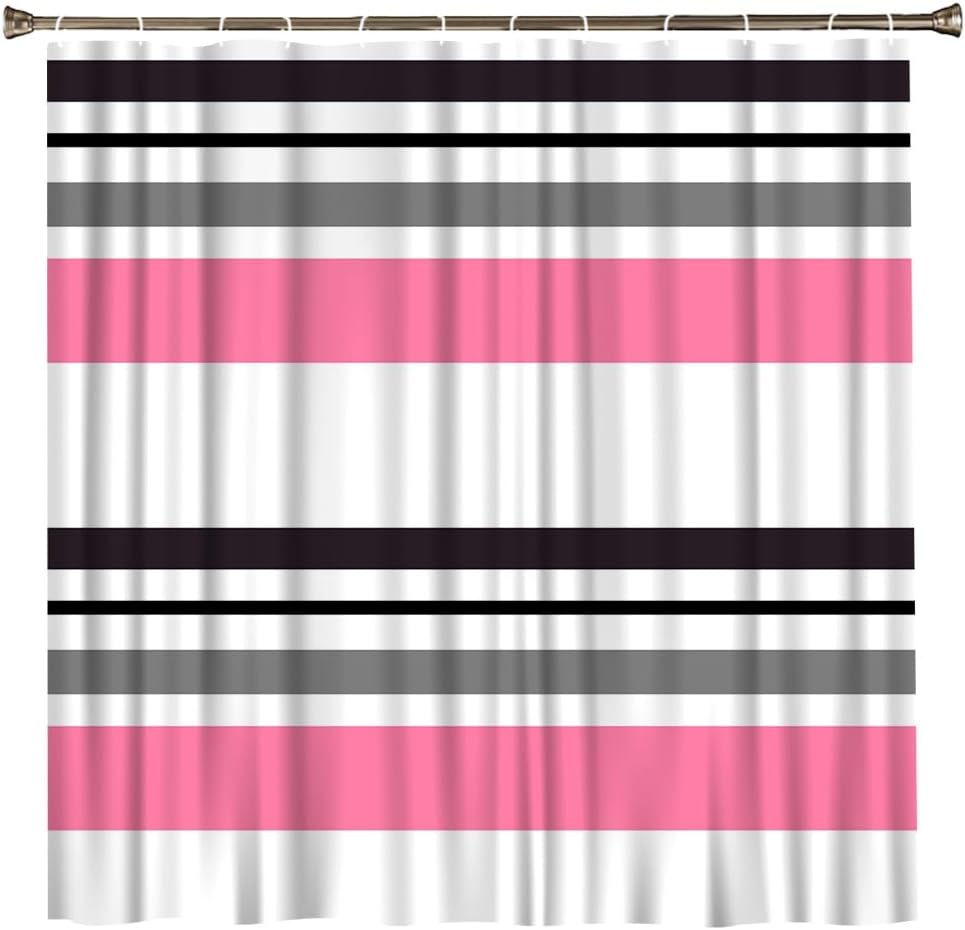 White Grey Pink Stripe Shower Curtain Abstract Geometric Modern Contemporary Simple Fashion Mid Century Bathroom Set Bathtub Accessories Polyester Fabric with Hooks 70Wx78H Inch