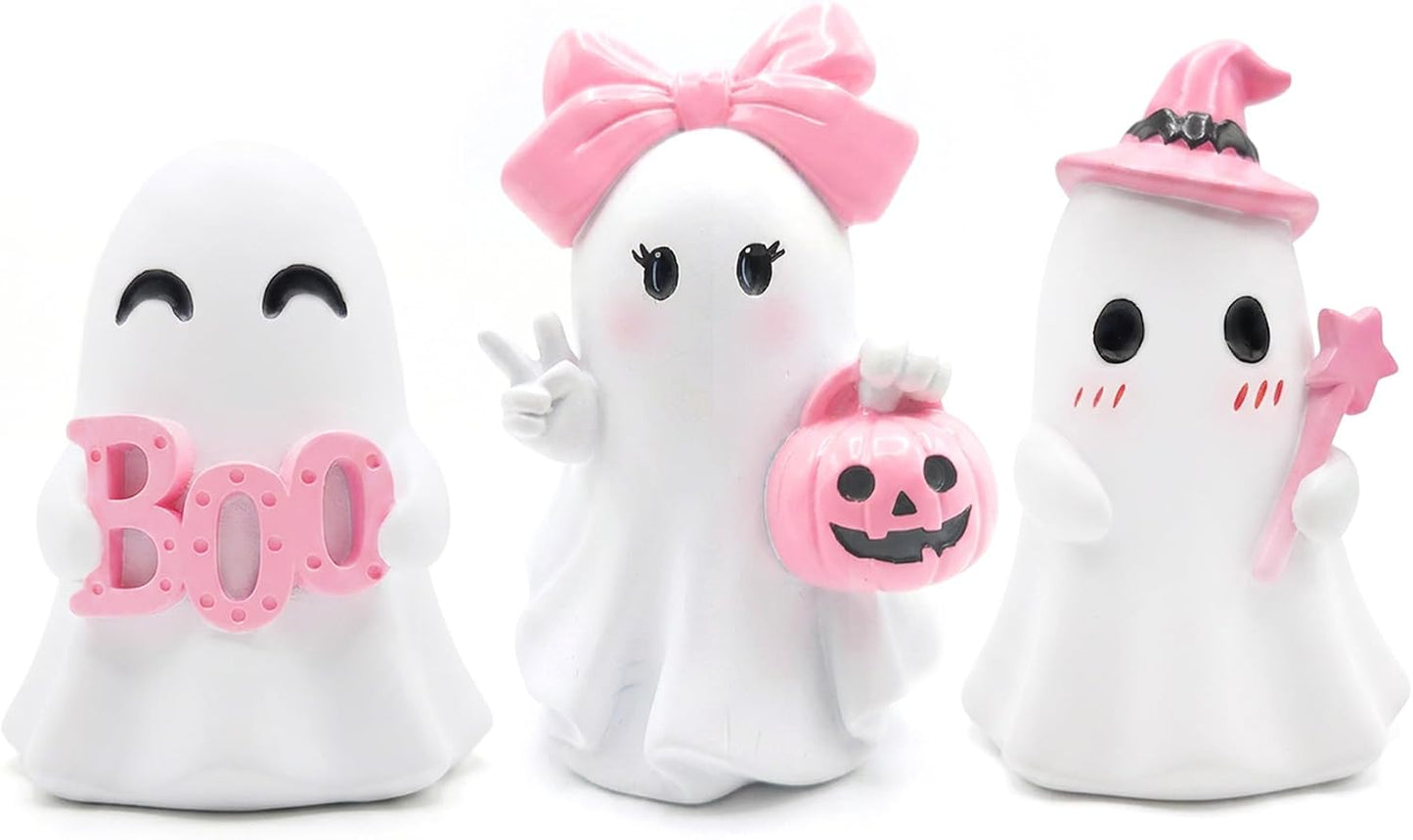 3 Pcs Pink Halloween Ghost Figurines Decor - Cute Kawaii Pastel Halloween Decor with Pumpkin, Small Resin Desk Statue Decorations for Tiered Tray, Gifts for Women