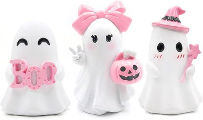 3 Pcs Pink Halloween Ghost Figurines Decor - Cute Kawaii Pastel Halloween Decor with Pumpkin, Small Resin Desk Statue Decorations for Tiered Tray, Gifts for Women