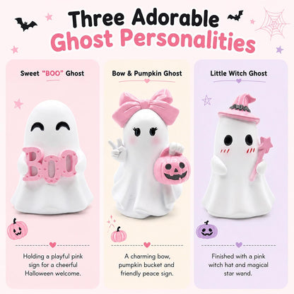 3 Pcs Pink Halloween Ghost Figurines Decor - Cute Kawaii Pastel Halloween Decor with Pumpkin, Small Resin Desk Statue Decorations for Tiered Tray, Gifts for Women