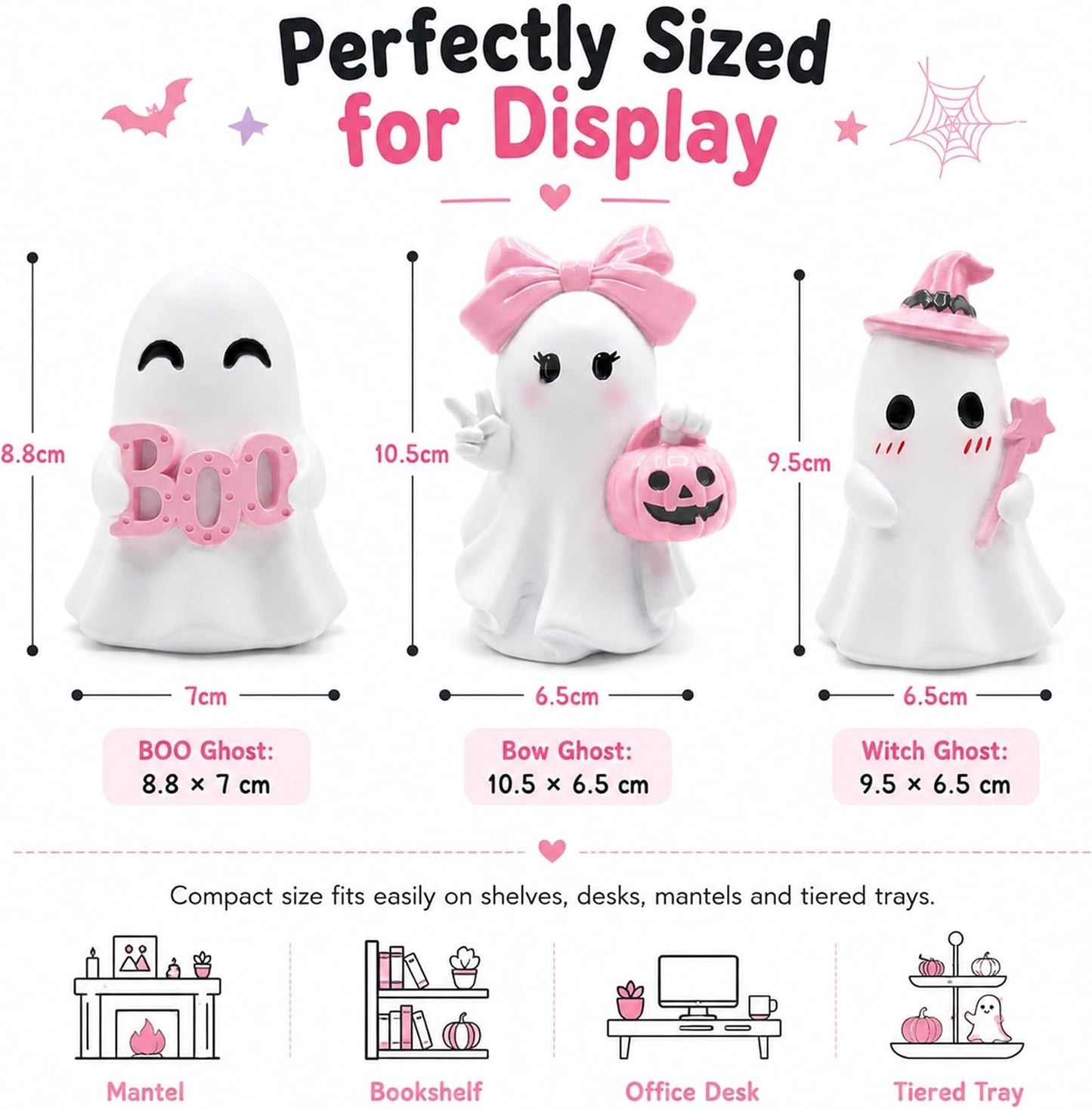 3 Pcs Pink Halloween Ghost Figurines Decor - Cute Kawaii Pastel Halloween Decor with Pumpkin, Small Resin Desk Statue Decorations for Tiered Tray, Gifts for Women
