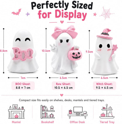 3 Pcs Pink Halloween Ghost Figurines Decor - Cute Kawaii Pastel Halloween Decor with Pumpkin, Small Resin Desk Statue Decorations for Tiered Tray, Gifts for Women