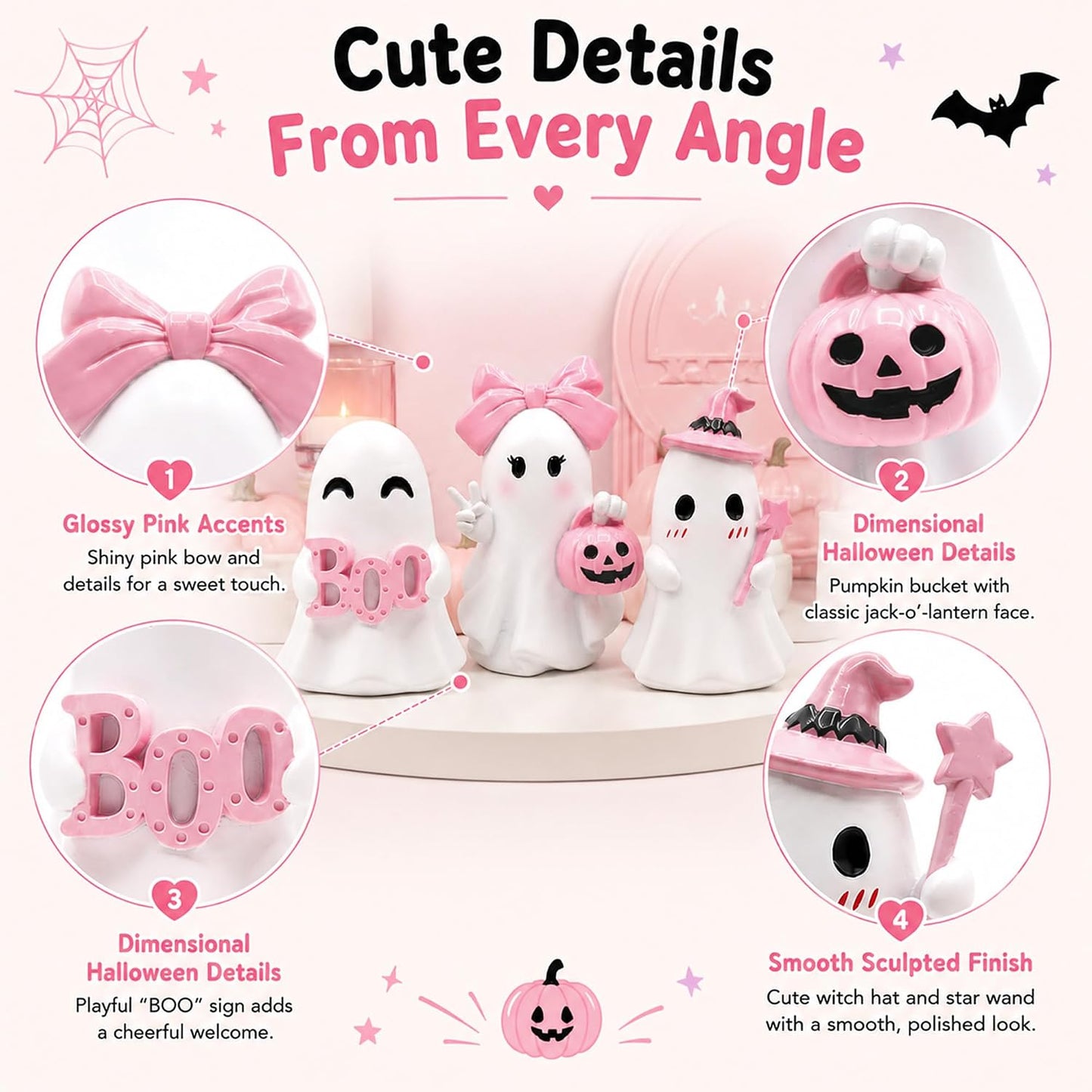 3 Pcs Pink Halloween Ghost Figurines Decor - Cute Kawaii Pastel Halloween Decor with Pumpkin, Small Resin Desk Statue Decorations for Tiered Tray, Gifts for Women