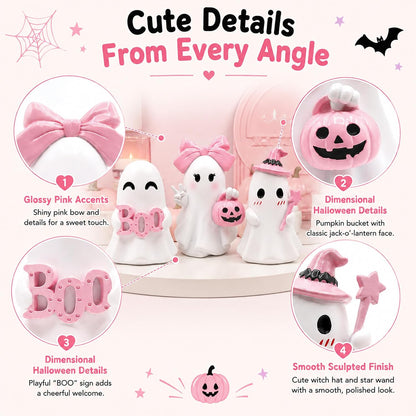 3 Pcs Pink Halloween Ghost Figurines Decor - Cute Kawaii Pastel Halloween Decor with Pumpkin, Small Resin Desk Statue Decorations for Tiered Tray, Gifts for Women