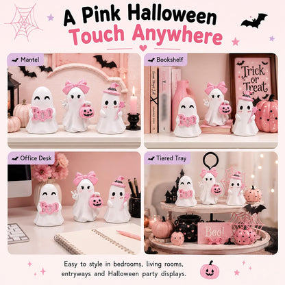 3 Pcs Pink Halloween Ghost Figurines Decor - Cute Kawaii Pastel Halloween Decor with Pumpkin, Small Resin Desk Statue Decorations for Tiered Tray, Gifts for Women