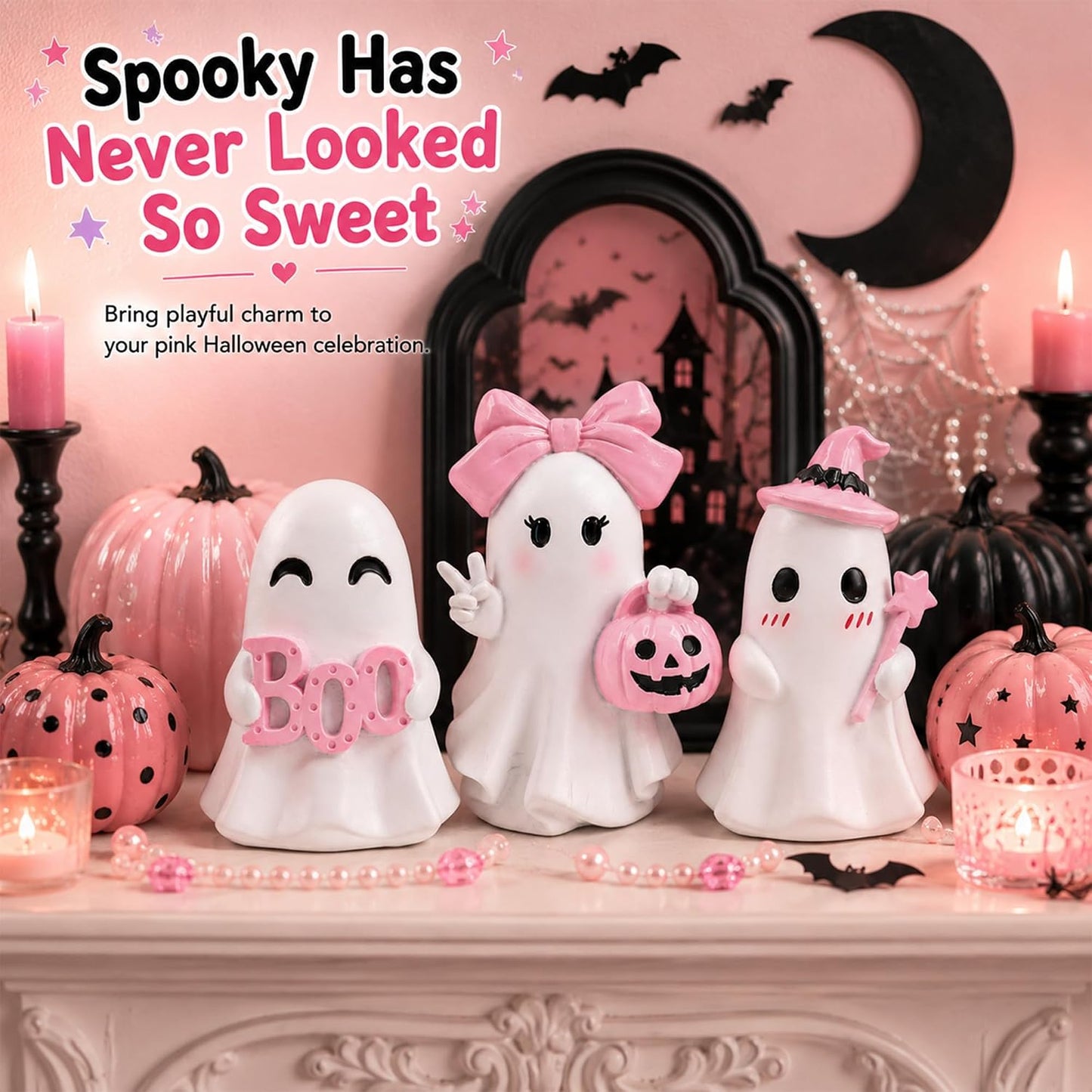 3 Pcs Pink Halloween Ghost Figurines Decor - Cute Kawaii Pastel Halloween Decor with Pumpkin, Small Resin Desk Statue Decorations for Tiered Tray, Gifts for Women