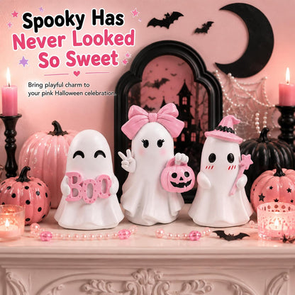3 Pcs Pink Halloween Ghost Figurines Decor - Cute Kawaii Pastel Halloween Decor with Pumpkin, Small Resin Desk Statue Decorations for Tiered Tray, Gifts for Women