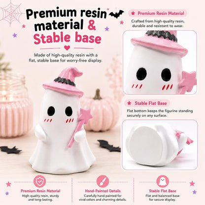 3 Pcs Pink Halloween Ghost Figurines Decor - Cute Kawaii Pastel Halloween Decor with Pumpkin, Small Resin Desk Statue Decorations for Tiered Tray, Gifts for Women