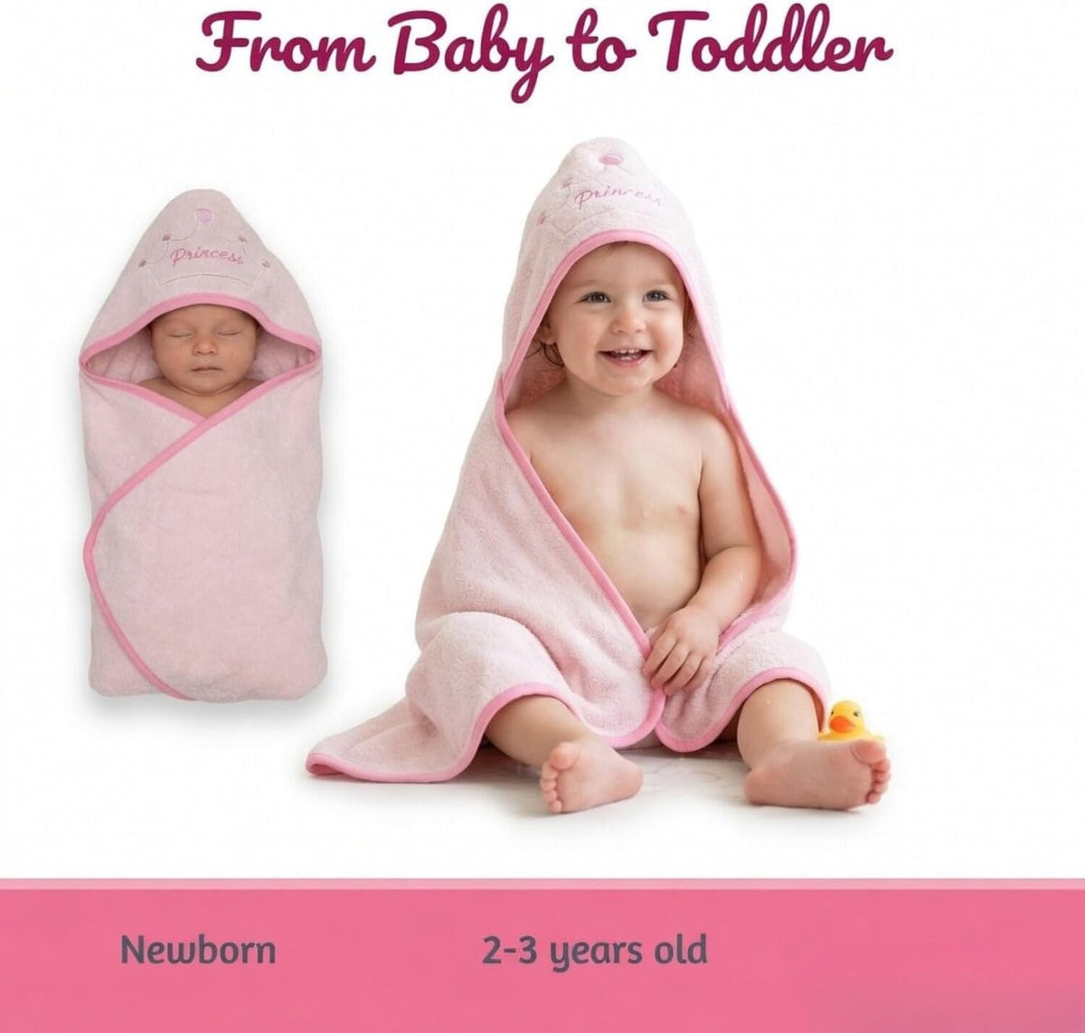 Hooded Baby Toddler Bath Towel for Girls - 3D Pink Princess Towel with Crown; Soft and Absorbent Terry Cloth Hooded Towel for Young Kids; Baby Girl Bath Essential