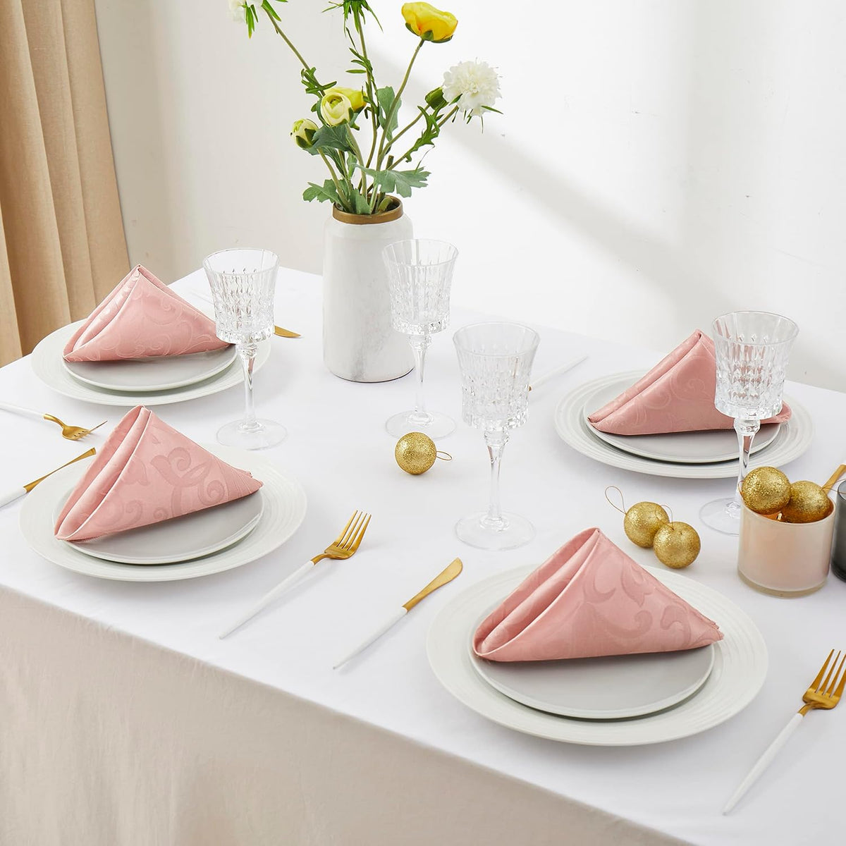 12 Pieces Scroll Damask Jacquard Satin Napkins Coral Gold Cloth Napkins 17 x 17 inch,Water Resistant Spillproof Dinner Napkins for Restaurant Weddings Party Dinner Decoration
