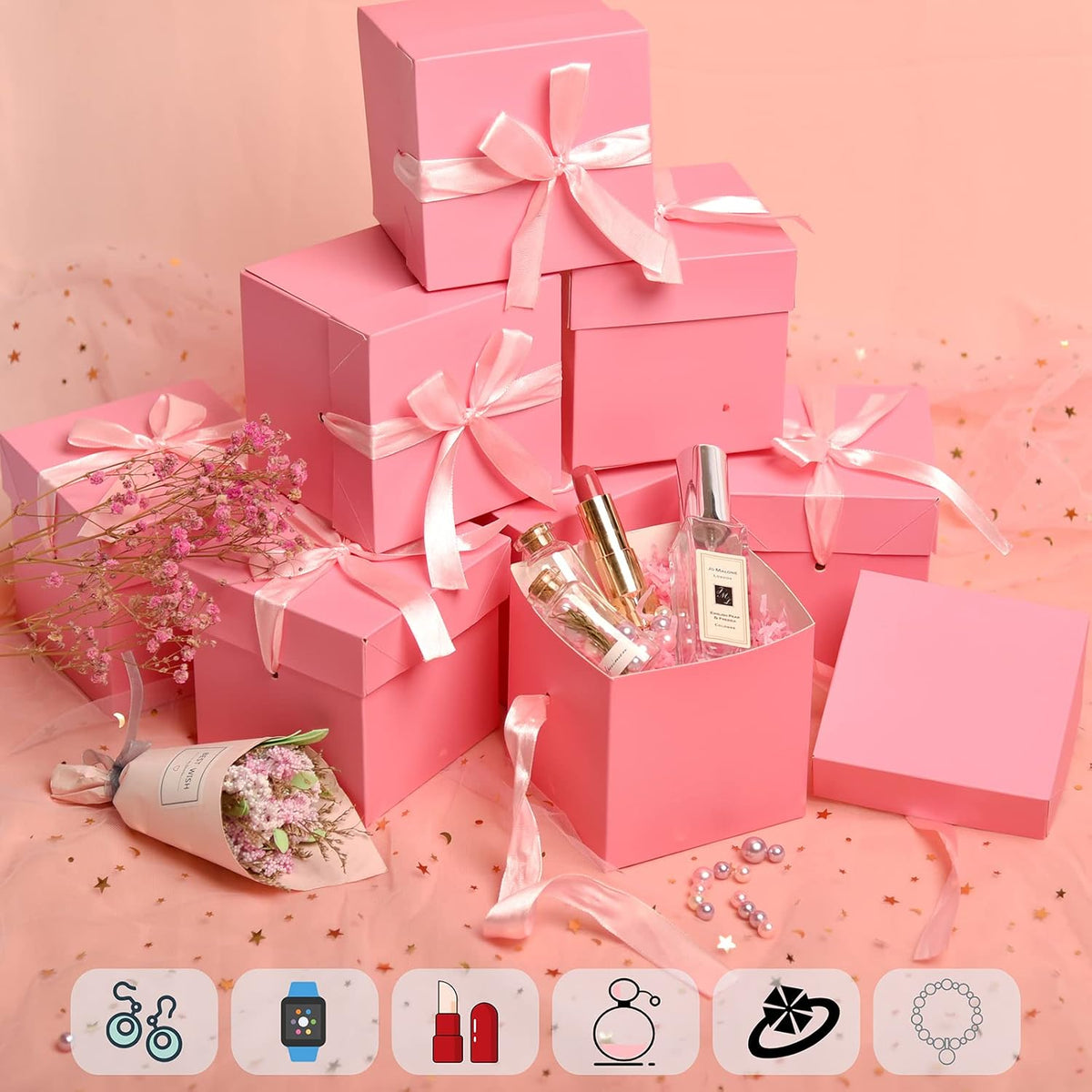 Gift Box with Lid for present, 6pcs,Pink, 6"×6"×6",Collapsible