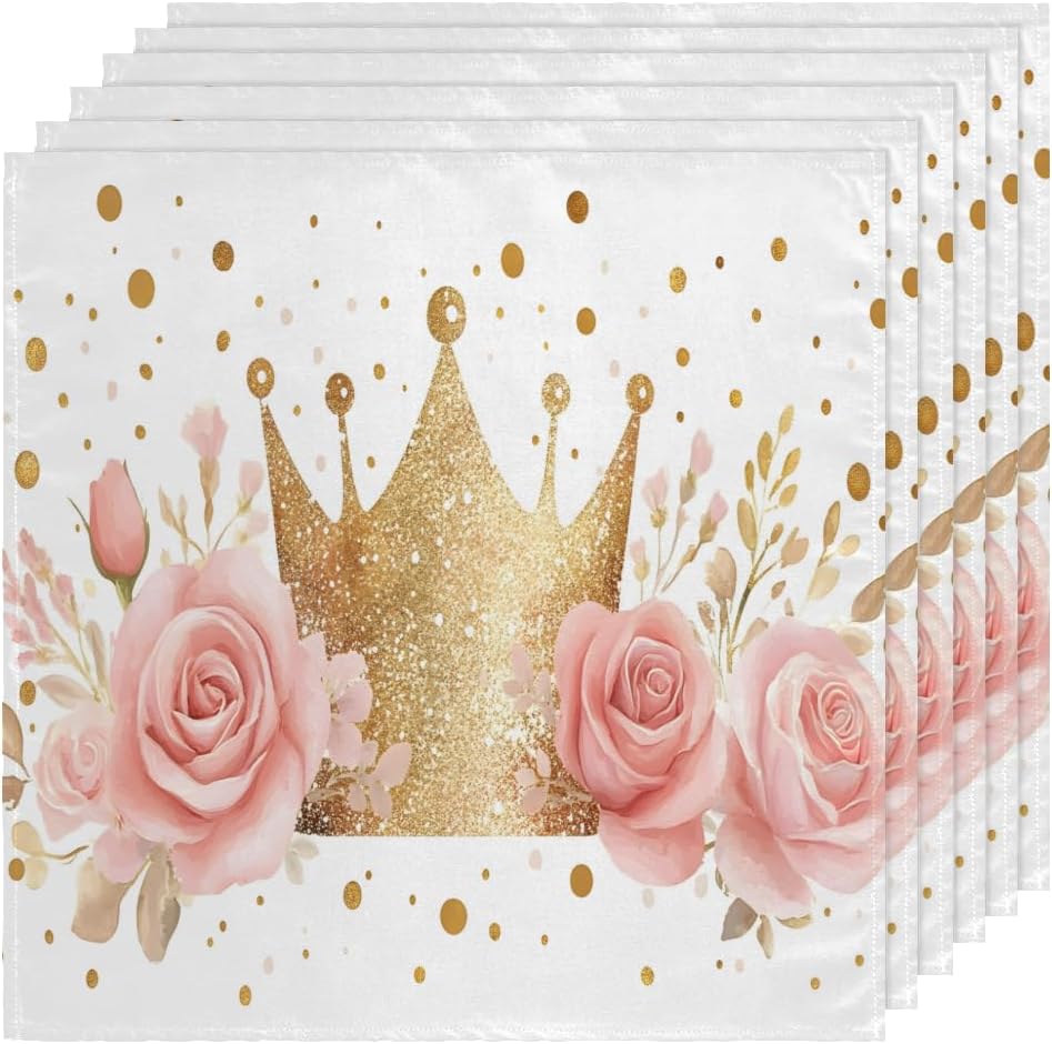 6pcs Cloth Napkins, Gold Crown, with Dots, Light Pink Rose Polyester Napkins 20"x 20" Washable Perfect for Wedding Party Dinner Cocktail Restaurant Home Kitchen