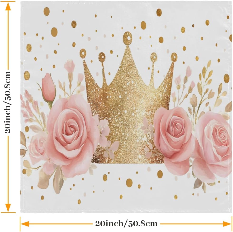 6pcs Cloth Napkins, Gold Crown, with Dots, Light Pink Rose Polyester Napkins 20"x 20" Washable Perfect for Wedding Party Dinner Cocktail Restaurant Home Kitchen