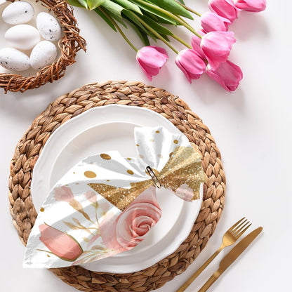 6pcs Cloth Napkins, Gold Crown, with Dots, Light Pink Rose Polyester Napkins 20"x 20" Washable Perfect for Wedding Party Dinner Cocktail Restaurant Home Kitchen