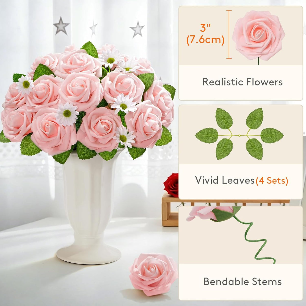 Artificial Flowers, 25 Pcs Blush Foam Real Looking Roses