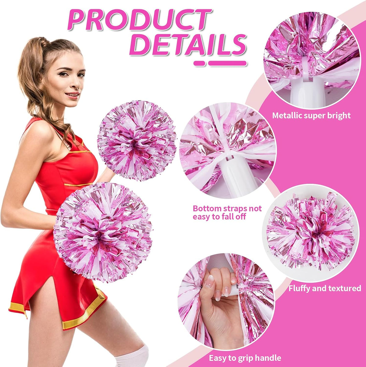 4Pcs Metallic Cheerleading Pom Poms, Creatiee 2 Pair Cheerleader Cheering Squad Pompoms for School Sports Dance Games Team Spirit Cheer
