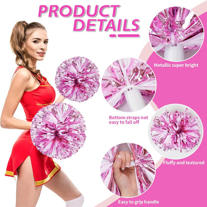 4Pcs Metallic Cheerleading Pom Poms, Creatiee 2 Pair Cheerleader Cheering Squad Pompoms for School Sports Dance Games Team Spirit Cheer