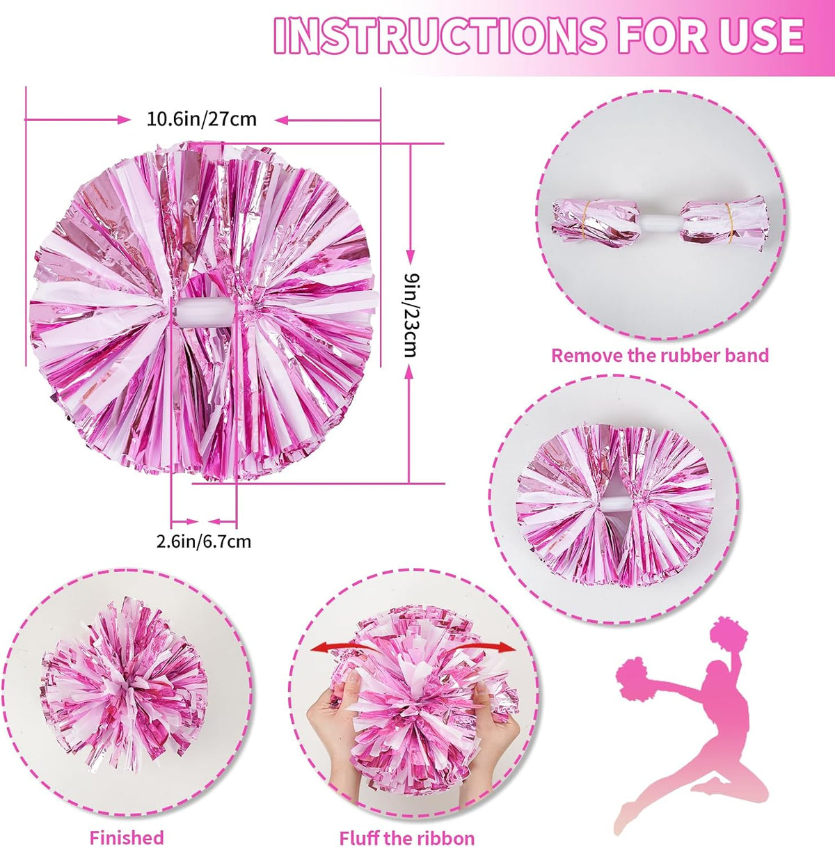 4Pcs Metallic Cheerleading Pom Poms, Creatiee 2 Pair Cheerleader Cheering Squad Pompoms for School Sports Dance Games Team Spirit Cheer