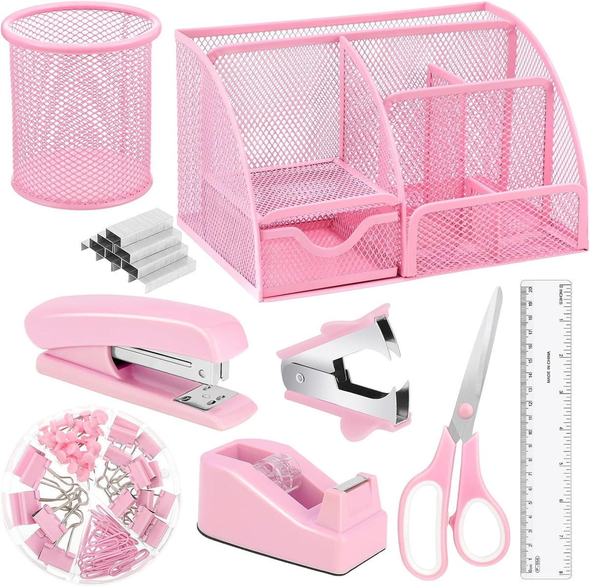 Pink Desk Organizers and Accessories, Pink Office Supplies Include Mesh Desk Organizer, Tape Dispenser, Stapler, 1000 Staples, Staple Remover, Pen Holder, Clips Set, Ruler, Scissors