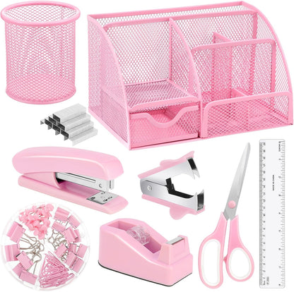 Pink Desk Organizers and Accessories, Pink Office Supplies Include Mesh Desk Organizer, Tape Dispenser, Stapler, 1000 Staples, Staple Remover, Pen Holder, Clips Set, Ruler, Scissors