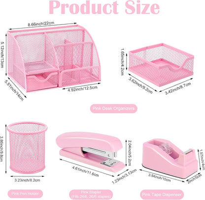 Pink Desk Organizers and Accessories, Pink Office Supplies Include Mesh Desk Organizer, Tape Dispenser, Stapler, 1000 Staples, Staple Remover, Pen Holder, Clips Set, Ruler, Scissors