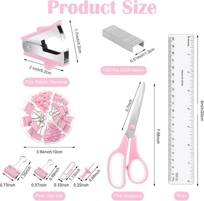 Pink Desk Organizers and Accessories, Pink Office Supplies Include Mesh Desk Organizer, Tape Dispenser, Stapler, 1000 Staples, Staple Remover, Pen Holder, Clips Set, Ruler, Scissors