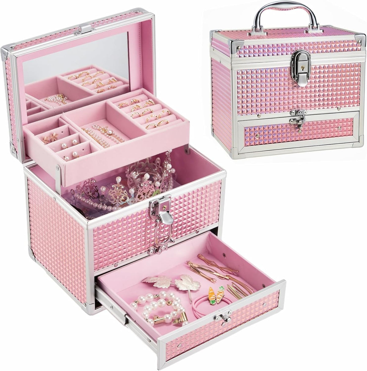 Girls Jewelry Box Organizer with Drawer & Mirror, Shiny Pink Style Lockable Storage Case for Kid or Little Girls Jewelry and Hair Accessories