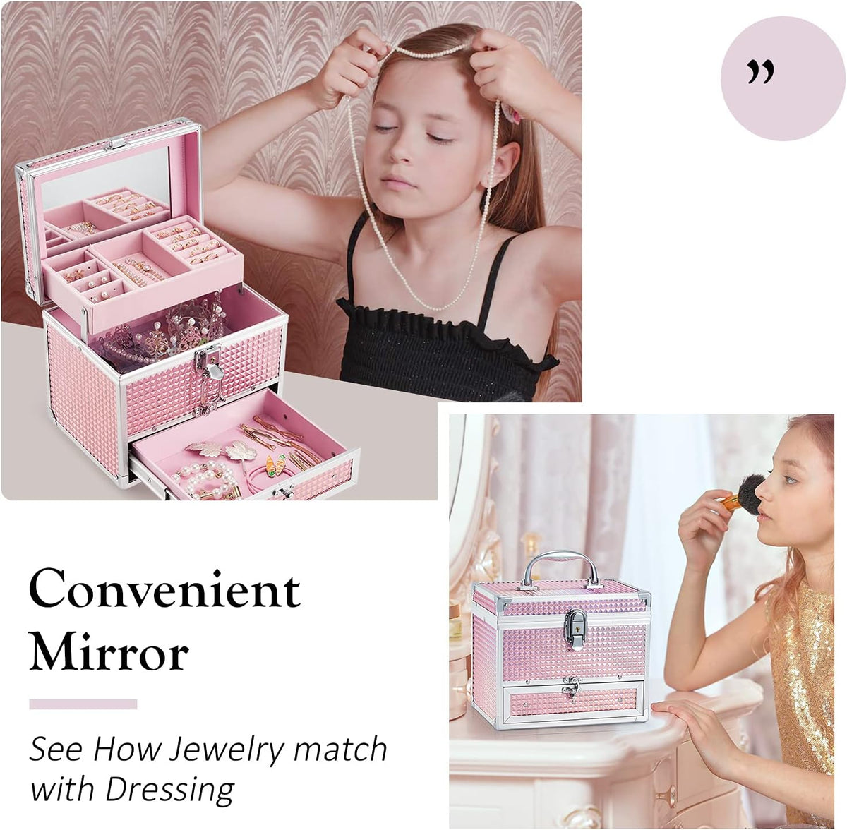 Girls Jewelry Box Organizer with Drawer & Mirror, Shiny Pink Style Lockable Storage Case for Kid or Little Girls Jewelry and Hair Accessories