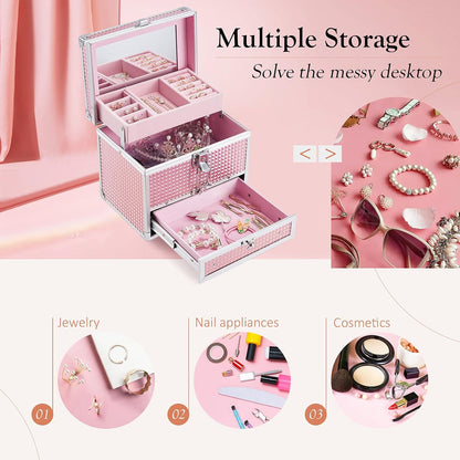 Girls Jewelry Box Organizer with Drawer & Mirror, Shiny Pink Style Lockable Storage Case for Kid or Little Girls Jewelry and Hair Accessories