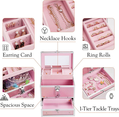 Girls Jewelry Box Organizer with Drawer & Mirror, Shiny Pink Style Lockable Storage Case for Kid or Little Girls Jewelry and Hair Accessories