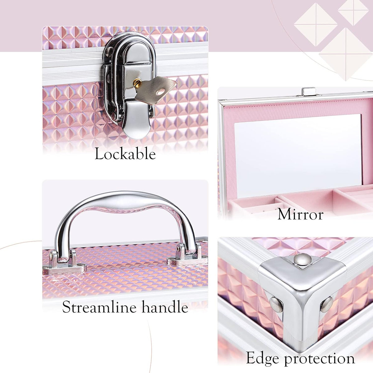 Girls Jewelry Box Organizer with Drawer & Mirror, Shiny Pink Style Lockable Storage Case for Kid or Little Girls Jewelry and Hair Accessories