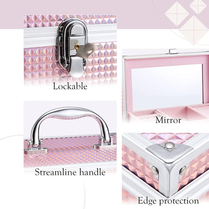 Girls Jewelry Box Organizer with Drawer & Mirror, Shiny Pink Style Lockable Storage Case for Kid or Little Girls Jewelry and Hair Accessories
