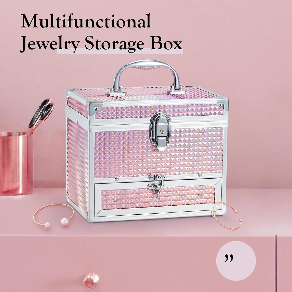 Girls Jewelry Box Organizer with Drawer & Mirror, Shiny Pink Style Lockable Storage Case for Kid or Little Girls Jewelry and Hair Accessories