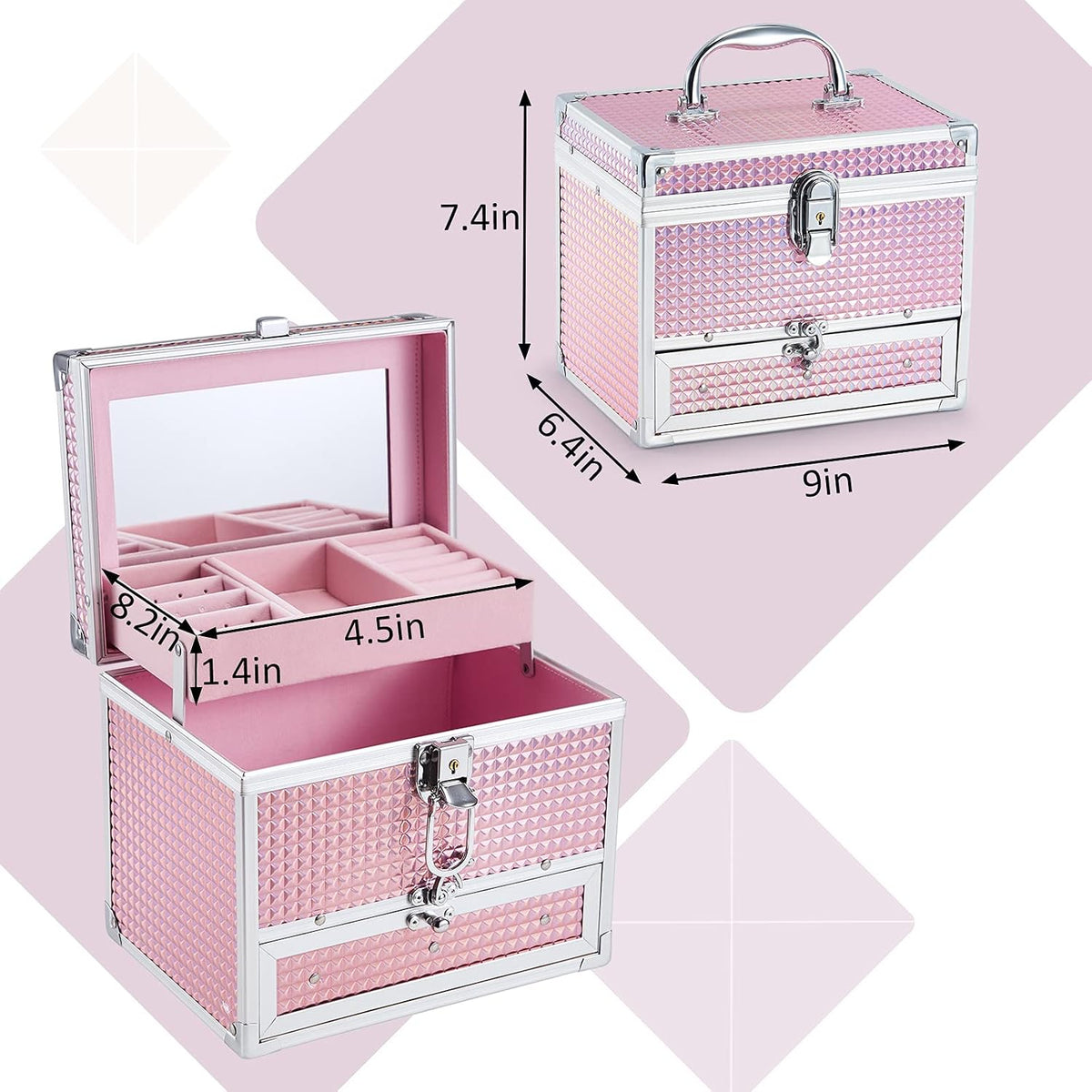 Girls Jewelry Box Organizer with Drawer & Mirror, Shiny Pink Style Lockable Storage Case for Kid or Little Girls Jewelry and Hair Accessories