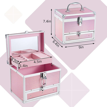 Girls Jewelry Box Organizer with Drawer & Mirror, Shiny Pink Style Lockable Storage Case for Kid or Little Girls Jewelry and Hair Accessories